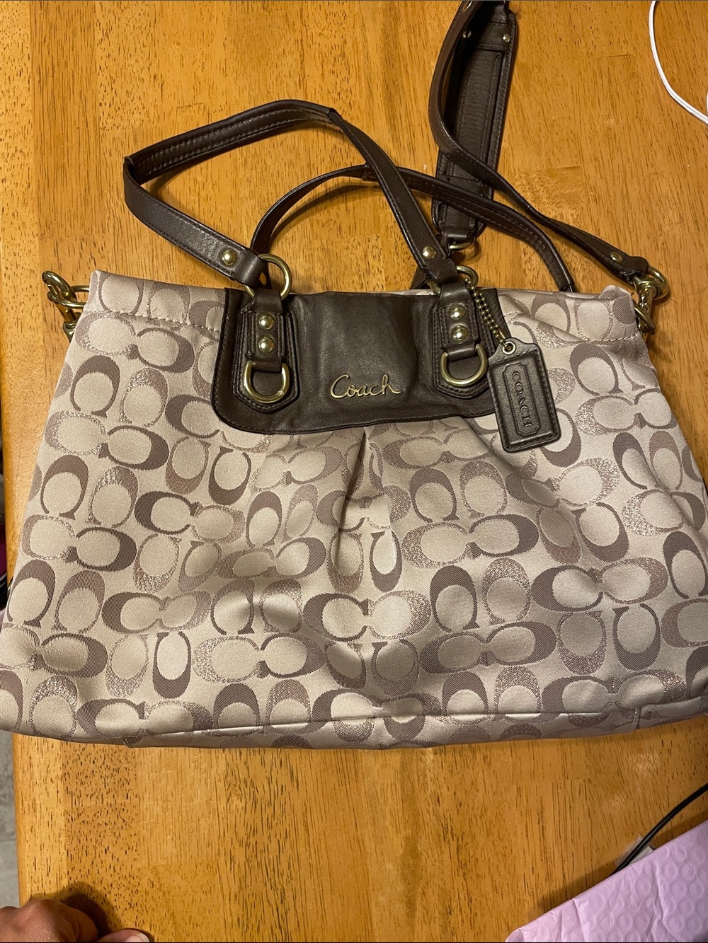 Coach Beige Signature Shoulder Bag with Brown Leather Trim